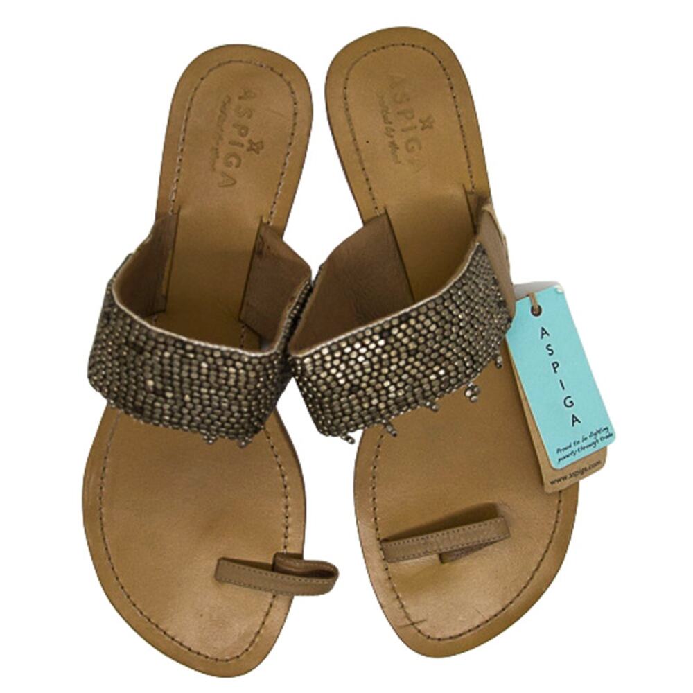 ASPIGA Women New Hand Crafted Leather & Metal Beaded Boho Slide with Toe Cuff 42
